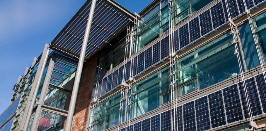 Standard PV Modules used vertically as part of a BIPV facade 